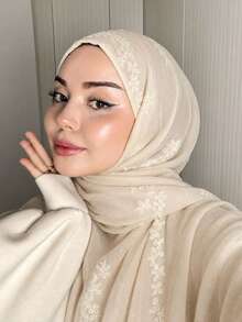 1PC Women's Solid Color Embroidered Scarf Headwrap, Lightweight Sun Protection Headscarf For Summer, Suitable For Daily Wear - Beige Embroidery - View 4