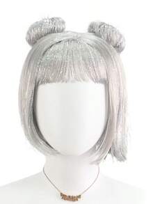 Silver Gray Glitter Bob Wig With Bangs And Space Buns, Futuristic Cyberpunk Style For Cosplay, Parties And Festivals - 查看 4