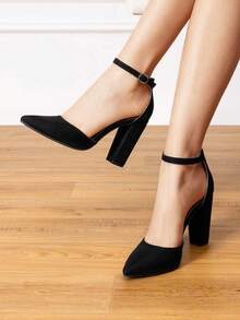 Women Ankle Strap Chunky Heel High Heels Pumps Closed Pointed Toe Fashionable Elegant Wedding Pump Shoes - 黑色絨面革 - 查看 9