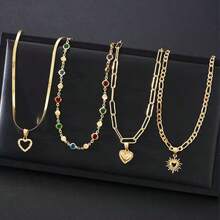 4pcs/Set Colorful Rhinestone Heart Pendant Tassel Necklace Set, Versatile Niche Luxury Elegant Collarbone Layered Jewelry - Gold - View 6
