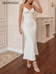 QUNGIGU Women's Polka Dot Sleeveless Spaghetti Strap Dress, Casual Summer Dress, Suitable For Beach Vacation, Dinner And Events - White - View 2