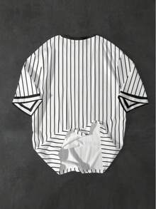 Plus Size Men's Printed Crew Neck T-Shirt, New York Striped Baseball Style, Crew Neck Short Sleeve T-Shirt - White - View 3