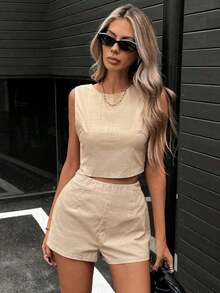 Set de 2 piezas de top corto sin espalda anudado y shorts de unicolor de verano para mujer - Verde - Ver 11