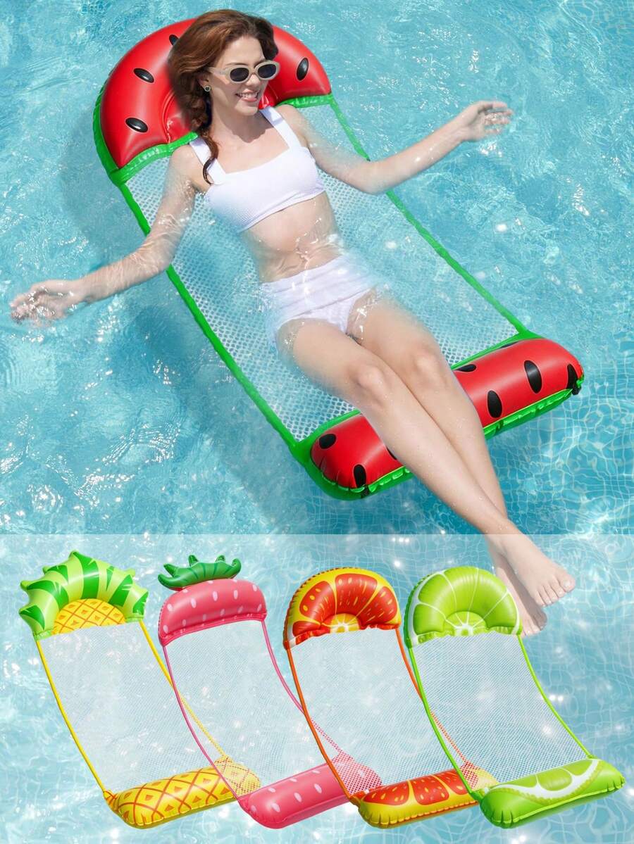 Fruit Design Inflatable Mesh Pool Floating Hammock, Watermelon Pineapple Lime Strawberry Orange Theme Water Lounge Chair, Durable PVC Float, Suitable For Beach Pool Vacation - 彩色 - 查看 1