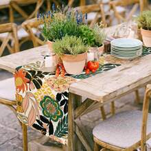 1 pieza Camino de mesa de lino con textura de estampado floral tropical bohemio, camino de mesa decorativo con patrón geométrico de mandala y hojas para comedor, cocina, mesa de café, decoración del hogar y fiestas - Multicolor - Ver 4