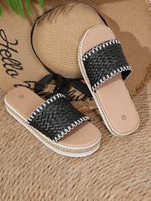 Women's Coconut Fiber Woven Flat Sandals, Bohemian Non-Slip Slippers, Summer Beach Casual Open Toe Flat Shoes With Decorative Trim - Black - View 3