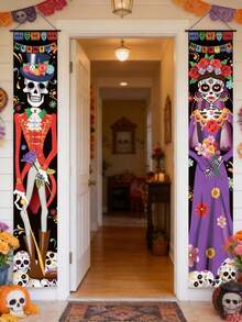 1Pair Day Of The Dead Door Banner,Skulls Men And Women Pattern Hanging Banner,Dia De Los Gatepost Couplet,Mexico Style Door Hanging,Festive Decorative Hanging Ornament,Welcome Porch Sign,Day Of The Dead Decorations - Multicolor - View 2