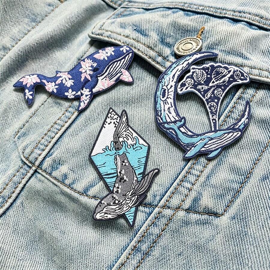 3 Pcs/Set Ocean Whale Iron On Patches, Sakura & Moon Embroidered Appliques For Jeans Jackets Backpacks DIY Decoration - Multicolor - View 1