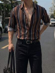 Mercer Haus 男士休閒度假風條紋單排扣長袖襯衫 - 彩色 - 查看 2