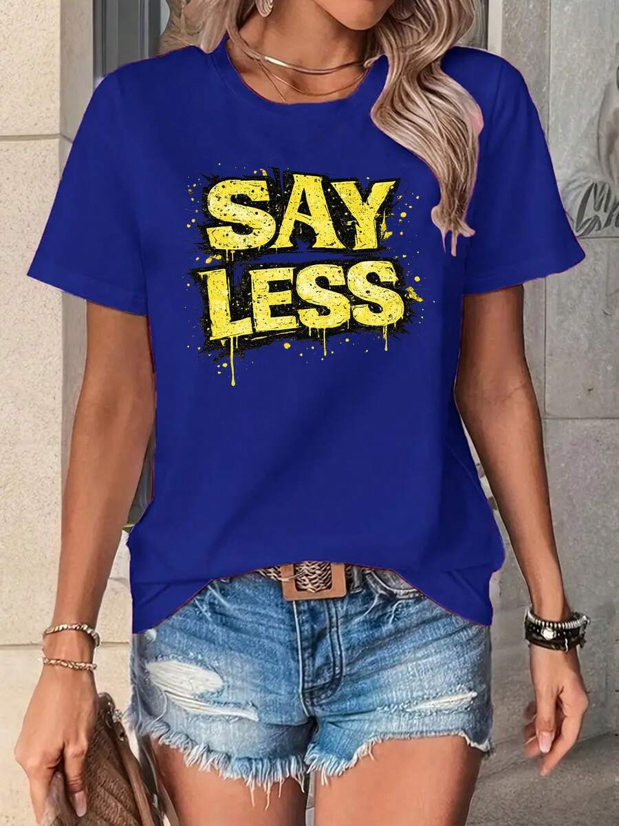 Camiseta para mujer con letras 'Say Less' - Cuello redondo estilo urbano, corte regular, tela ligera de verano - Negra con letras amarillas - Azul - Ver 1