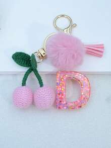 1pc Resin Starry Sky Epoxy English Letter Keychain With Tassel And Black Fur Ball Decoration, Heart Pendant Gift For Friend And Mom - Baby Pink - View 5