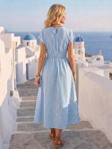 Women Midi Dresses - Blue and White 2 - View 1