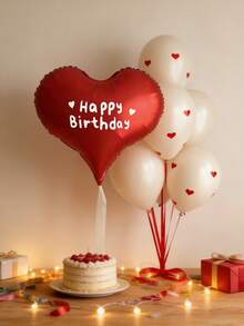 Red Heart-Shaped Balloons Paired With Latex Balloons, Valentine's Day Decorations, Romantic Decorations For Special Nights, Birthday Decorations, Wedding Decorations, Anniversary Decorations, Proposal And Engagement Decorations, Atmosphere Setup, Party Decorations. - Red Heart-shaped Stickers and Sand-white Latex Balloons - View 3