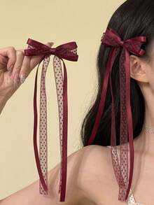 1/2 piezas Accesorios para el cabello con lazo de encaje y satén elegante, pinzas para coleta, decoraciones para el cabello para niña, pasadores para el cabello, adecuados para verano, vacaciones, viajes - Burdeos - Ver 7