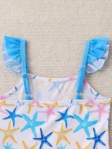 4-8 Years Girls Starfish Print Ruffle Strap One Piece Swimsuit With Cover Up Skirt 2 Piece Set For Pool Beach Hot Spring - Blue - View 4