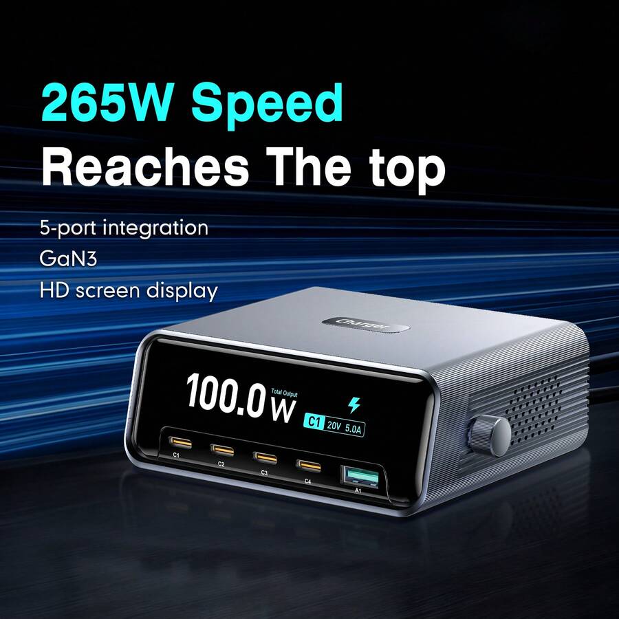 HEARTIGER 100W GaN 智慧桌面充電站，2.3 吋 HD 大螢幕即時充電功率顯示，4 個 USB-C 接口 + 1 個 USB-A 接口快速充電輸出，相容 Apple/Android 手機、平板、筆電，智慧旋鈕控制，多裝置同時快充，全新桌面充電體驗 - 黑色 - 查看 1