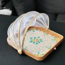 1pc Handwoven Rattan Food Serving Tray With Foldable Mesh Food Cover, Decorative Floral Inlay Wicker Fruit Bread Basket, Breathable Net Dome Tent Fly Proof Dish Platter For Picnic, - Fly Shield - View 9