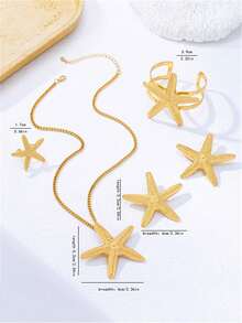 5pcs/Set European And American Fashion Summer Beach Starfish Pendant Necklace, Earrings, Bracelet, Ring Set For Women, Suitable For Beach Vacation Wear - Yellow Gold - View 4