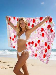 1pc Cherry & Bow Beach Towel, Fashionable Bow Cherry Print Large Beach Towel, Ultra-Fine Fiber Absorbent Beach Bath Towel, Suitable For Travel, Swimming Pool, Diving, Surfing, Yoga, Camping, Beach Party And Party Decoration, Summer Beach Travel Essential, Multi-Functional Beach Towel For Bathroom Decoration During Vacation - Red Cherry - View 5