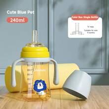 Minitutu 1 buah Botol Susu Bayi Kartun Singa 240ml/300ml Mulut Lebar dengan Pegangan, Cocok untuk di Rumah dan Perjalanan - Kuning, biru, hijau - View 7