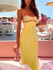Onicee Vestido Elegante Amarillo de Verano para Mujer, Tirantes de Espagueti de Encaje de Moda, Adecuado para el Día de San Valentín, Citas, Reuniones, Fiestas - Amarillo - Ver 5