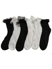 1/6 Pares de Meias Femininas de Renda com Laço Preto & Branco Sólido, Meia-Panturrilha, Minimalista Casual Confortável, Adequado para Passeios Diários, Viagens, Reuniões, Estilo Preppy, Pode ser Combinado com Saias JK - Preto e Branco - Visão 7