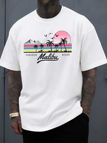 Malibu Paradise Beach Men's T-Shirt, White Printed T-Shirt, Spring And Summer Casual Wear, Fun And Playful, Cool And Fun T-Shirt, Comfortable Clothing For Activities - 白色 - 查看 1