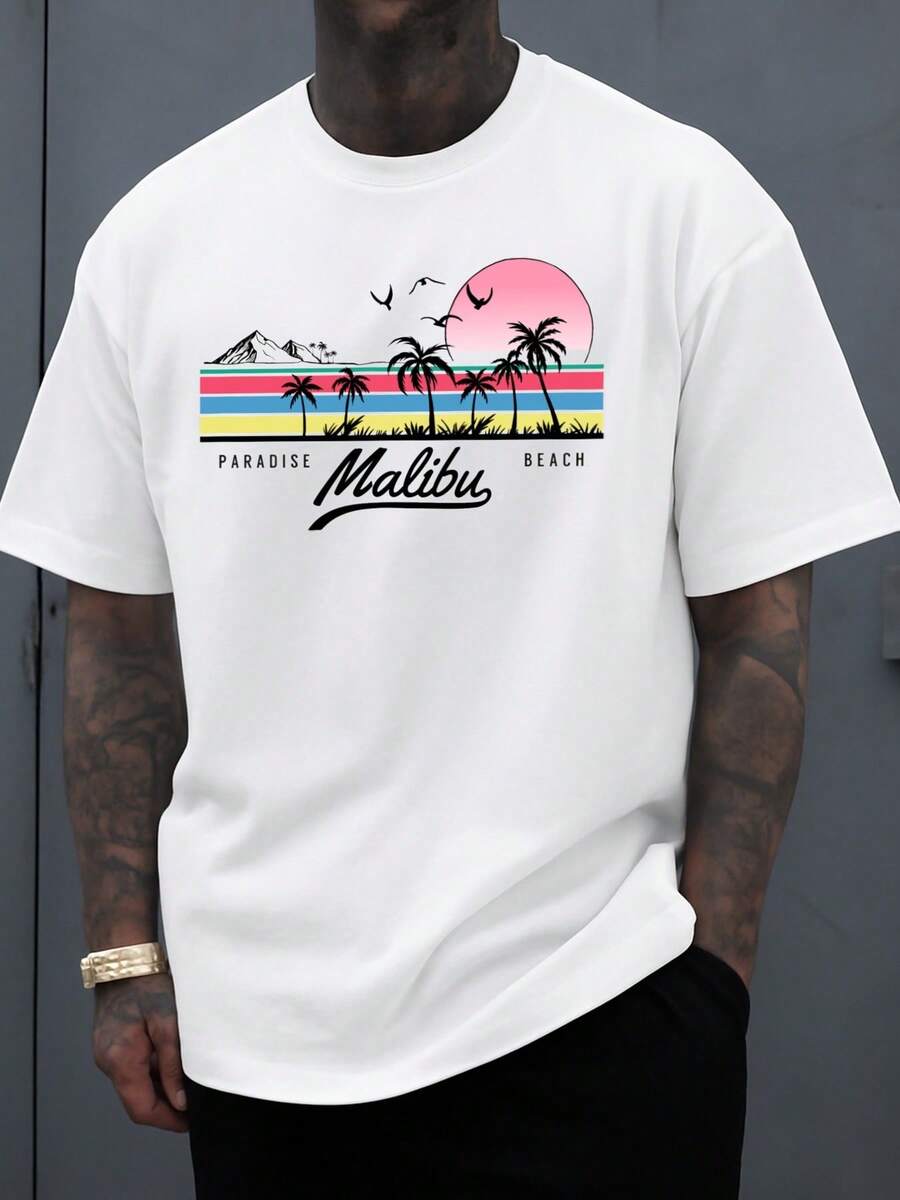 Malibu Paradise Beach Men's T-Shirt, White Printed T-Shirt, Spring And Summer Casual Wear, Fun And Playful, Cool And Fun T-Shirt, Comfortable Clothing For Activities - 白色 - 查看 1