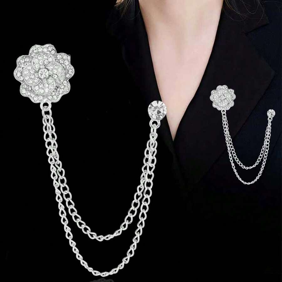 1pc Elegant Fashion Rhinestone Double Layer Flower Brooch Metal Chain Pin For Men And Women Business Suit Shirt Lapel Flower Suitable For Daily Wear, Banquet, Party, Wedding, Graduation Season, Formal Occasion Clothing Decoration Wear Birthday, Holiday Gift - Multicolor - View 1