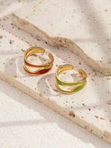2pcs Stainless Steel Fashion Minimalist Gold-Colored Open Ring Set, Suitable For Women's Daily Wear Or Gift Giving - Yellow Gold - View 3