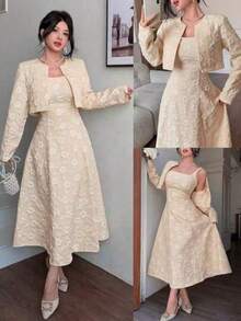 Elegante traje de chaqueta de jacquard para dama para exteriores - Caqui - Ver 1