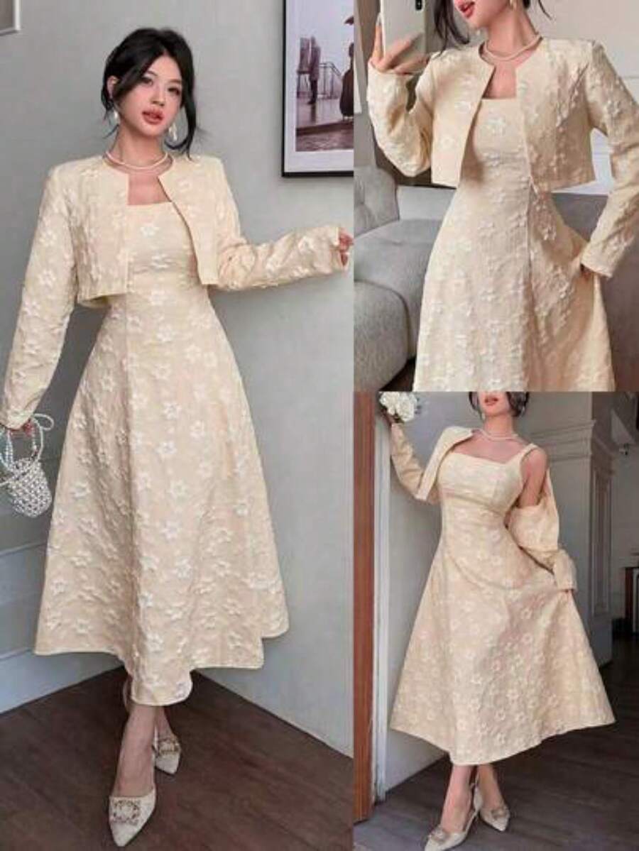 Elegante traje de chaqueta de jacquard para dama para exteriores - Caqui - Ver 1