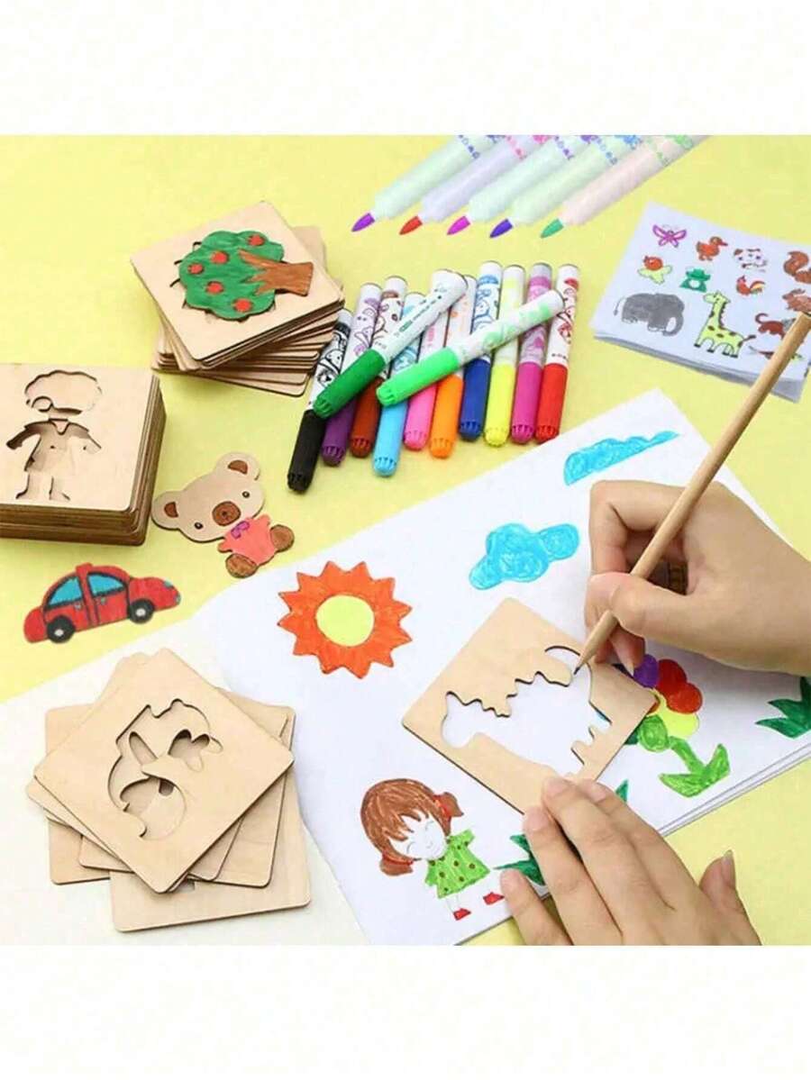 20pcs Christmas Decoration Montessori Wooden Animal & Fruit Pattern Painting Doodle Fill-In DIY Painting Template, Back To School - Multicolor - View 1