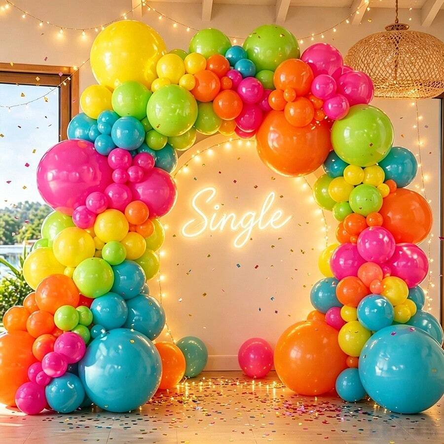 Neon Rainbow Tropical Balloon Arch Set 141Pcs, Multi Bright Tone Latex Balloons, Eye-Catching Ornament For Summer, Luau, Birthday And Back To School Scene Layout - Multicolor - View 1