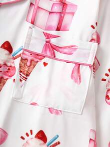 2 pièces Ensemble de pyjama pour femmes avec imprimé intégral de nœud de glace, tissu satin premium, lisse et confortable, top à manches longues boutonné ample et léger et pantalon, style fille douce, ensemble de vêtements de nuit quotidien pour femmes - Rose bonbon - Voir 4