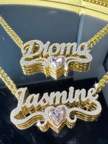 [ZzAi Custom]1pc Customized Text Necklace, Double Layer + Compressed Sand + 12 Birthstone Craft, Heart Necklace, 18K Gold Stainless Steel Customized Jewelry Necklace, Length 45+5cm, Suitable For Valentine's Day, Ramadan And Other Occasions As Daily Decorative Gift - Sand-pressed Version - View 7