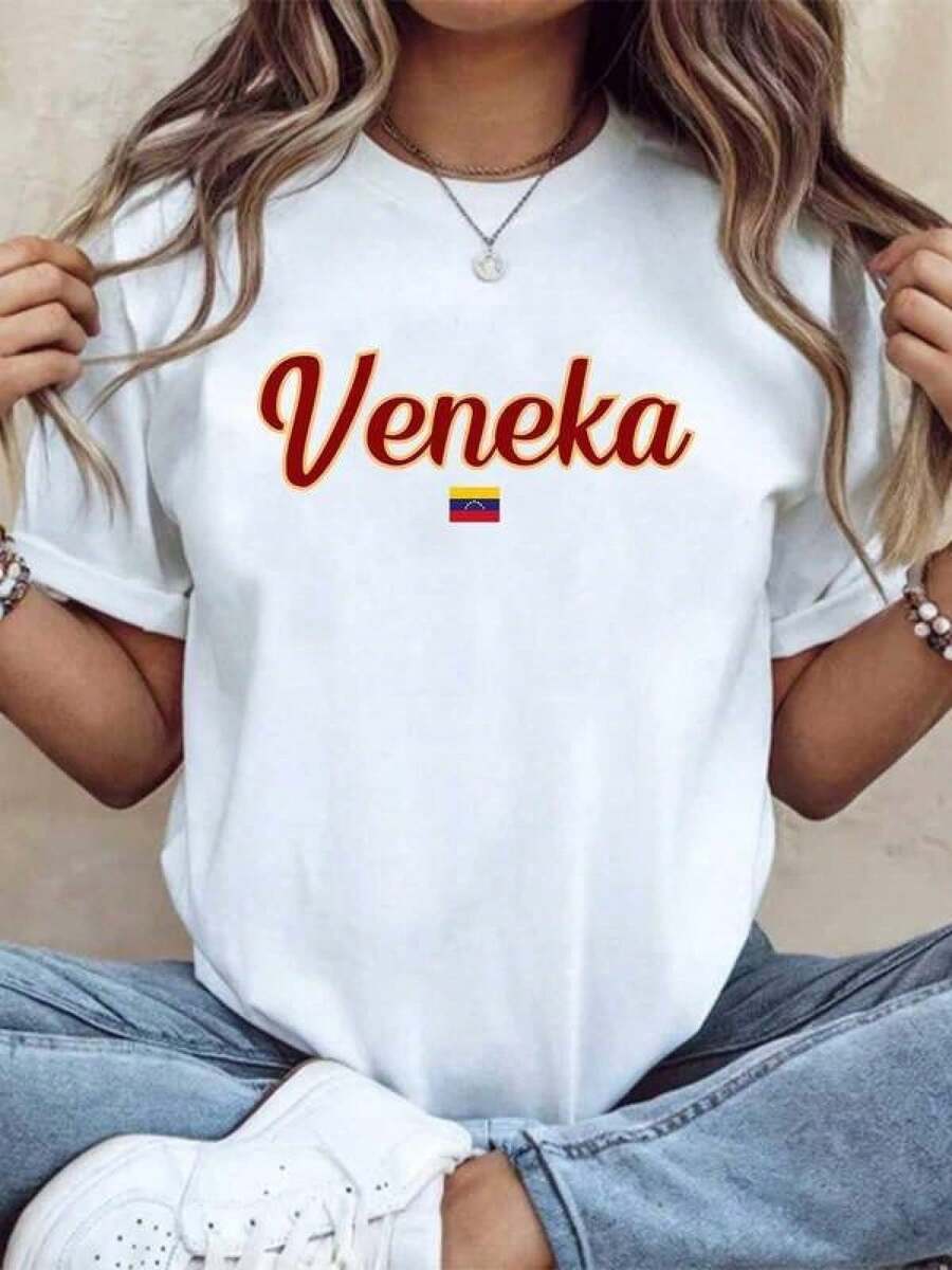 Vibrant VenezuelanS Pattern Print T-Shirt Fashionable Short-Sleeved Shirt Pattern T-Shirt Fashionable Round Neck Shirt Casual Grams - 白色 - 查看 1