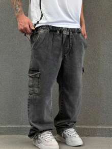 Plus Size Cargo Jeans, Black, Stonewashed, Spring/Summer, Autumn/Winter, Loose Fit, Drawstring - Grey - View 4