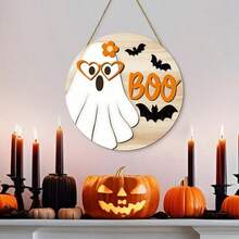 Cross-Border New Halloween Cute Cartoon Ghost Wooden Hanging Sign, Holiday Party Wall Decor, Wooden Craft Wall Hanging Decoration - A - View 3