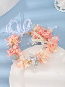 1pc Vintage Elegant Pink Pom Pom Pearl Floral Headband, Bridal Wedding Accessory - Red - View 3