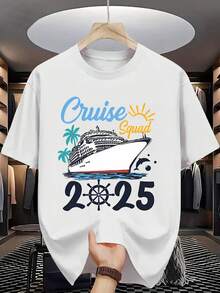 Men's "Cruise Squad 2025" Tropical Cruise Ship Graphic T-Shirt, Black Crew Neck Cotton Tee, Matching Vacation Group Casual Daily Top - Weiss - Übersicht 1