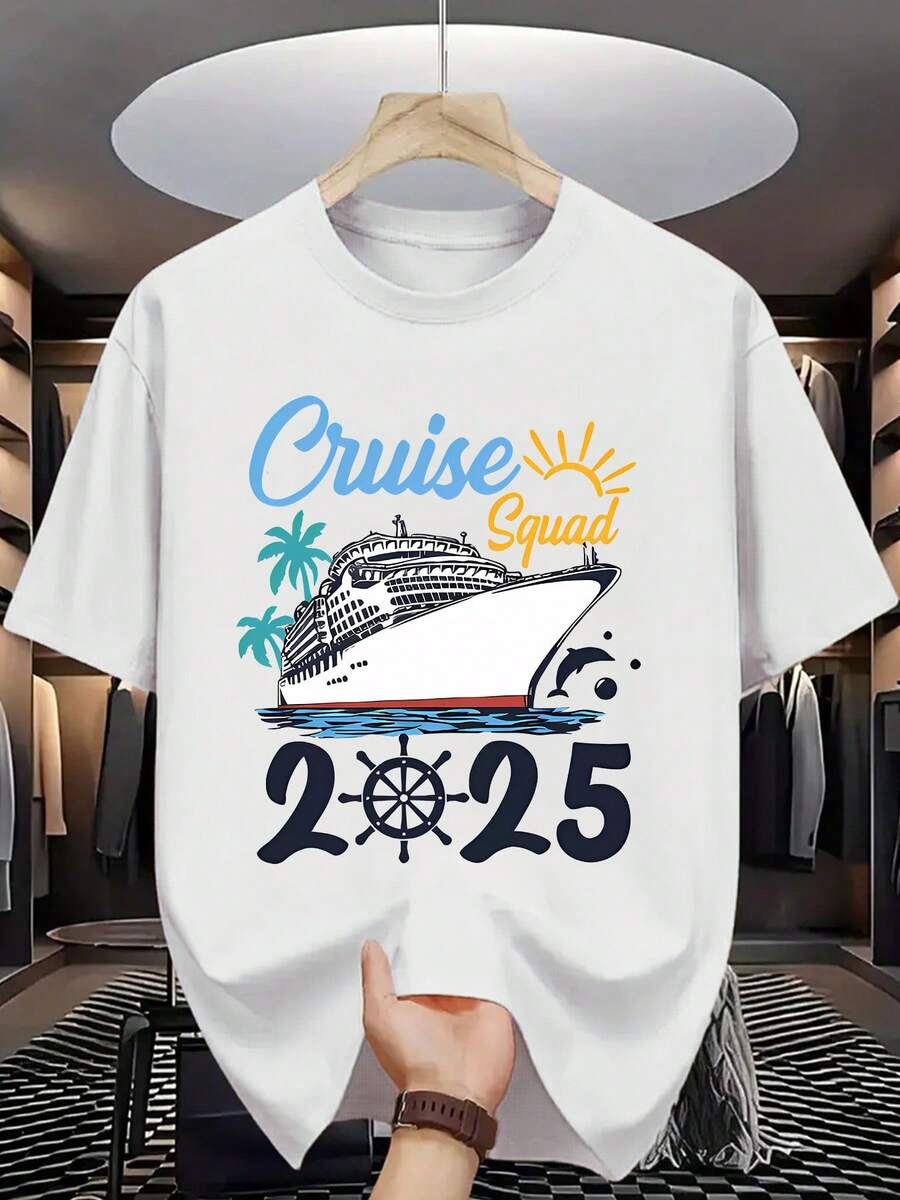 Men's "Cruise Squad 2025" Tropical Cruise Ship Graphic T-Shirt, Black Crew Neck Cotton Tee, Matching Vacation Group Casual Daily Top - Weiss - Übersicht 1