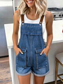 Street Style Cargo Denim Latzhosen Shorts, kontrastfarbige verstellbare Schulterträger, Vintage Knopfverschluss, Strandurlaub Romper Set Lässig Sommer - Blau - Übersicht 5