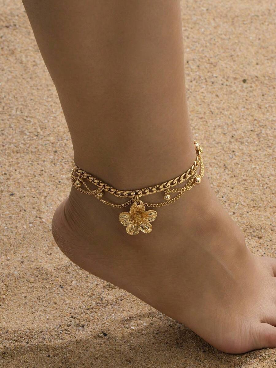 pieza Tobillera Multicapa Estilo Vacacional con Colgante de Flor Dorada y Borla para Mujer (Sin Caja de Regalo) - Naranja 2 - Ver 1
