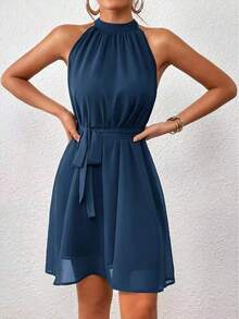Sleeveless Solid-Color Halter Dress, Fashionable For Summer - Blue - View 3