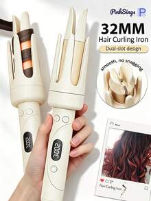 PinkSings One-Touch Automatic Curling Iron 32mm Barrel, Left & Right Auto Curling, 4 Temperature Modes, Negative Ion Generator, Smart Timer & Sensor, Auto Shut-Off, Perfect Christmas Gift - Apricot - View 2