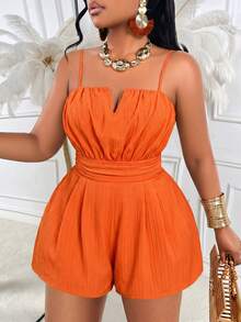 Women's Plus Size Sleeveless Orange Ruched Cami Jumpsuit, Short Ribbed Fabric Spaghetti Strap Romper Summer - Burnt Orange - View 6