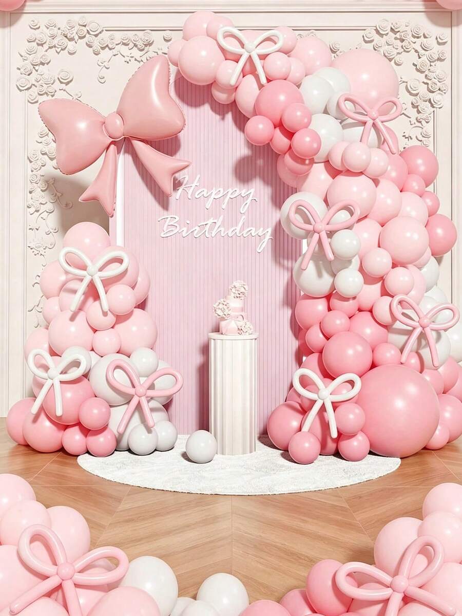 152Pcs Black And White Foil Balloon Arch Set With Bows; Simple And Elegant Decoration, Suitable For Adults And Women For Birthdays, Anniversaries, Holiday Decorations, And Indoor Party Backdrops. - 粉色 - 查看 1