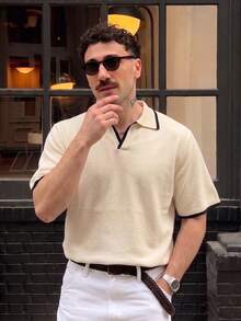 Men's Knitted Polo Shirt, Turn-Down Collar, Short Sleeve, Loose Fit, Vintage Casual, Color Block Black Trim, Lightweight Summer Knit Top - Apricot - View 4