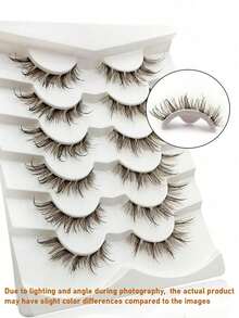 6 Pairs Glossy Brown False Eyelashes, Transparent Band, Fluffy Reusable, Extendable, Suitable For Dramatic Voluminous Lightweight Makeup, Makeup Tool - View 6